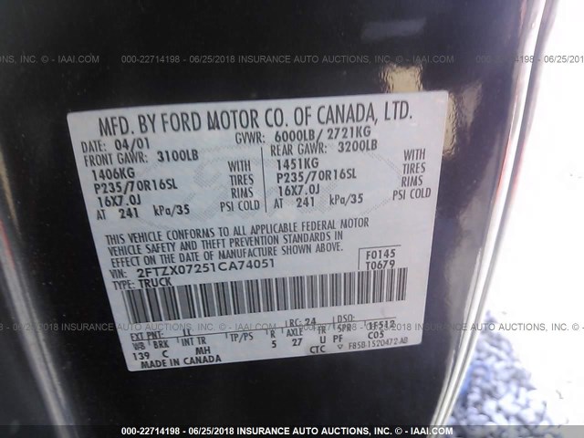 2FTZX07251CA74051 - 2001 FORD F150 BLUE photo 9