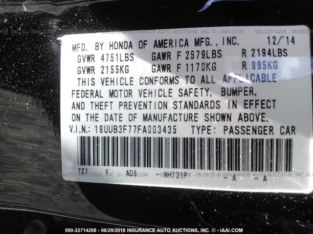 19UUB3F77FA003435 - 2015 ACURA TLX ADVANCE შავი ფოტო 9