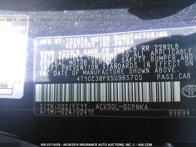 4T1CE38PX5U965705 - 2005 TOYOTA CAMRY SOLARA SE/SLE Qara foto 9