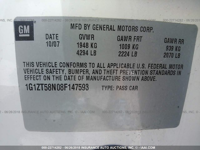 1G1ZT58N08F147593 - 2008 CHEVROLET MALIBU LT/CLASSIC WHITE photo 9