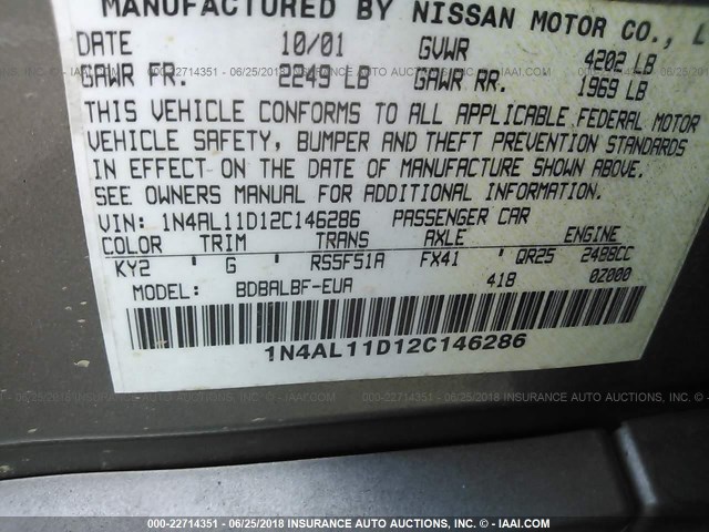 1N4AL11D12C146286 - 2002 NISSAN ALTIMA S/SL GRAY photo 9