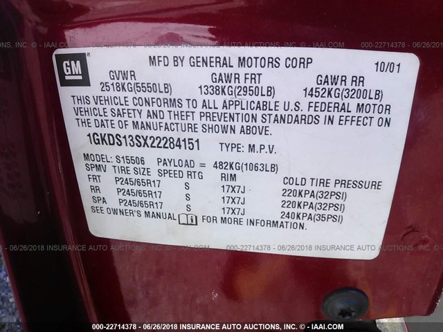 1GKDS13SX22284151 - 2002 GMC ENVOY BURGUNDY photo 9