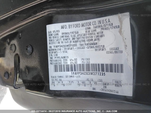 1FAFP34ZX3W271235 - 2003 FORD FOCUS SE COMFORT/SE SPORT BLACK photo 9