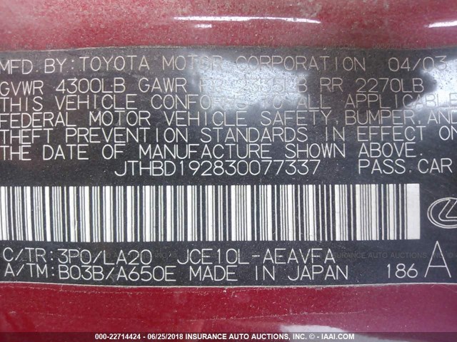 JTHBD192830077337 - 2003 LEXUS IS 300 RED photo 9