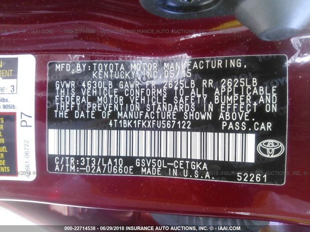 4T1BK1FKXFU567122 - 2015 TOYOTA CAMRY XSE/XLE 红色 照片 9