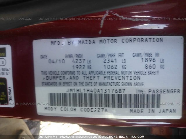 JM1BL1H40A1317687 - 2010 MAZDA SPEED 3 RED photo 9