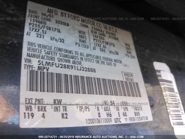 5LMFU28R91LJ32888 - 2001 LINCOLN NAVIGATOR BLUE photo 9