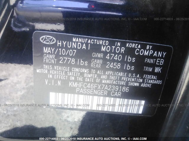 KMHFC46FX7A239186 - 2007 HYUNDAI AZERA SE/LIMITED BLACK photo 9