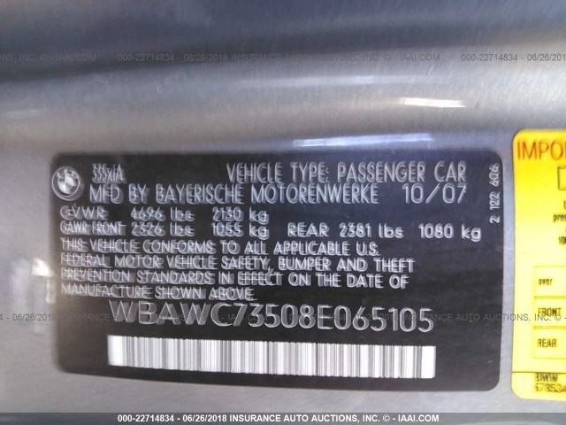 WBAWC73508E065105 - 2008 BMW 335 XI GRAY photo 9