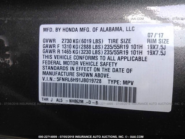 5FNRL6H91JB019728 - 2018 HONDA ODYSSEY ELITE GRAY photo 9