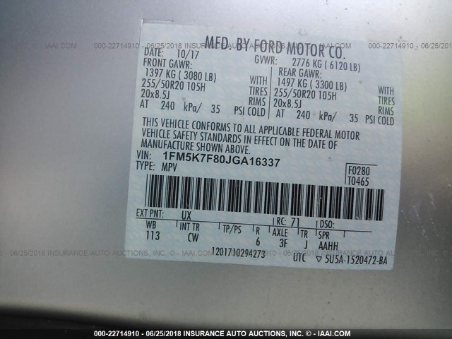 1FM5K7F80JGA16337 - 2018 FORD EXPLORER LIMITED 银色 照片 9