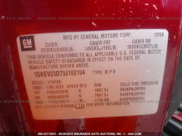 1GKEV23D79J182194 - 2009 GMC ACADIA SLT-1 Rouge photo 9