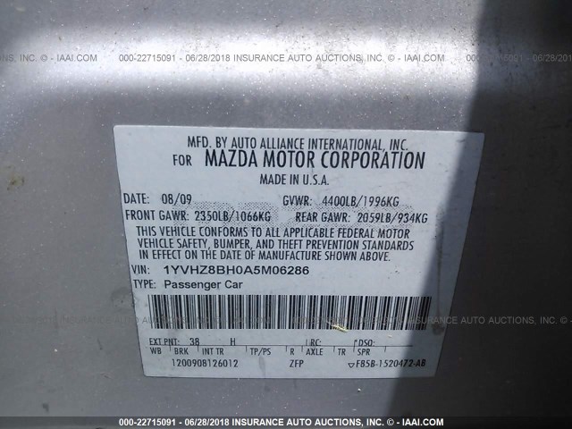 1YVHZ8BH0A5M06286 - 2010 MAZDA 6 I SILVER photo 9