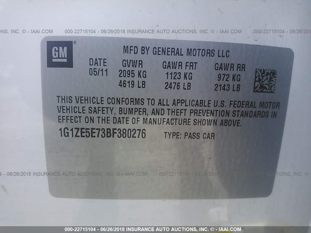 1G1ZE5E73BF380276 - 2011 CHEVROLET MALIBU LTZ თეთრი ფოტო 9