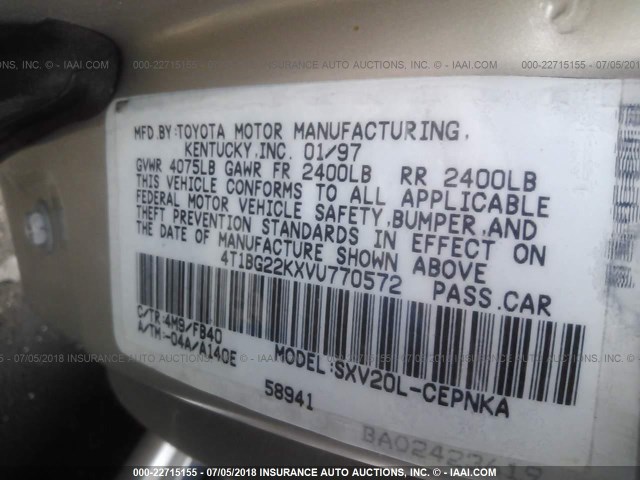 4T1BG22KXVU770572 - 1997 TOYOTA CAMRY CE/LE/XLE GOLD photo 9