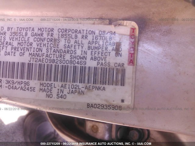 JT2AE09B2S0080469 - 1995 TOYOTA COROLLA LE/DX BROWN photo 9