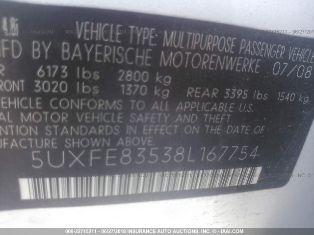 5UXFE83538L167754 - 2008 BMW X5 4.8I SILVER photo 9