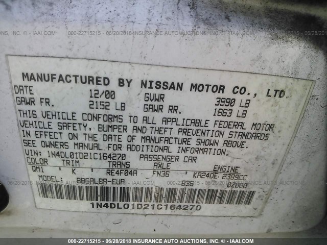 1N4DL01D21C164270 - 2001 NISSAN ALTIMA XE/GXE/SE WHITE photo 9