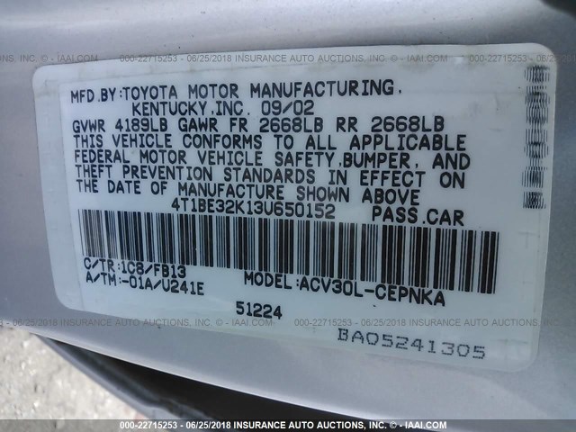 4T1BE32K13U650152 - 2003 TOYOTA CAMRY LE/XLE/SE ვერცხლისფერი ფოტო 9