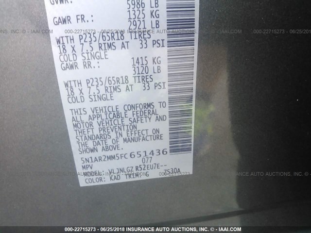 5N1AR2MM5FC651436 - 2015 NISSAN PATHFINDER S/SV/SL/PLATINUM GRAY photo 9