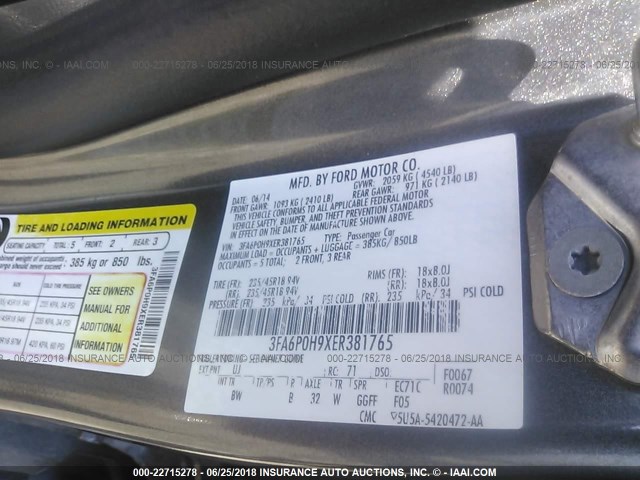 3FA6P0H9XER381765 - 2014 FORD FUSION SE GRAY photo 9