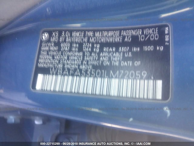 WBAFA53501LM72059 - 2001 BMW X5 3.0I BLUE photo 9