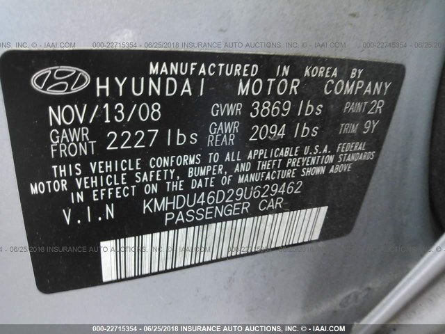 KMHDU46D29U629462 - 2009 HYUNDAI ELANTRA GLS/SE SILVER photo 9