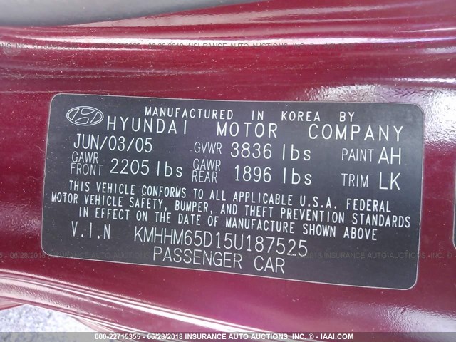 KMHHM65D15U187525 - 2005 HYUNDAI TIBURON RED photo 9