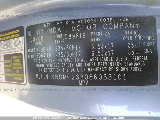 KNDMC233086055101 - 2008 HYUNDAI ENTOURAGE GLS/SE/LIMITED BLUE photo 9