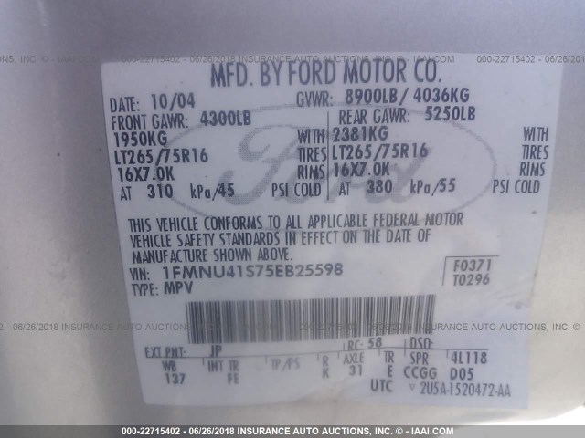 1FMNU41S75EB25598 - 2005 FORD EXCURSION XLT GRAY photo 9