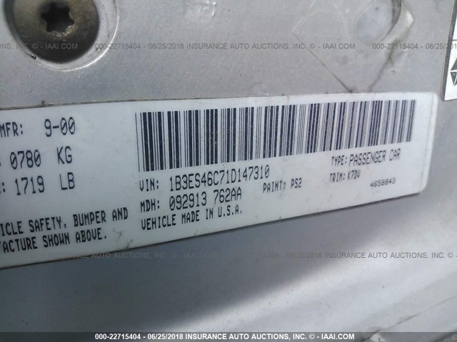 1B3ES46C71D147310 - 2001 DODGE NEON SE/ES SILVER photo 9