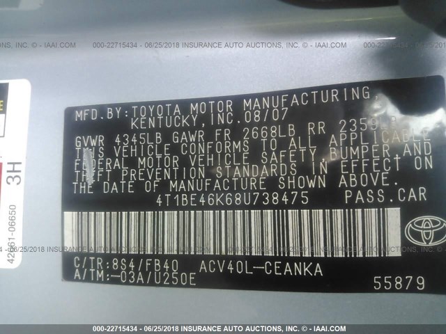 4T1BE46K68U738475 - 2008 TOYOTA CAMRY CE/LE/XLE/SE BLUE photo 9