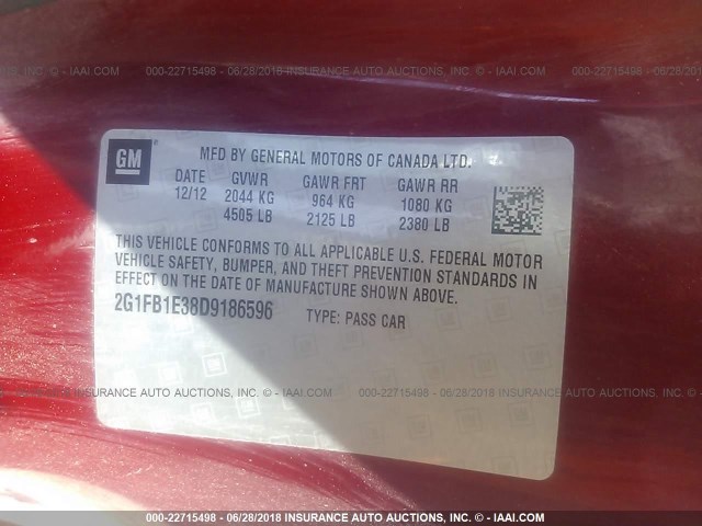 2G1FB1E38D9186596 - 2013 CHEVROLET CAMARO LT RED photo 9