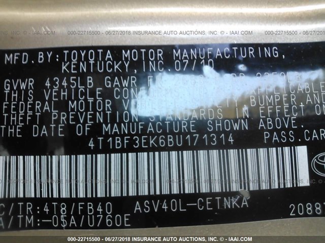 4T1BF3EK6BU171314 - 2011 TOYOTA CAMRY SE/LE/XLE ოქროსფერი ფოტო 9