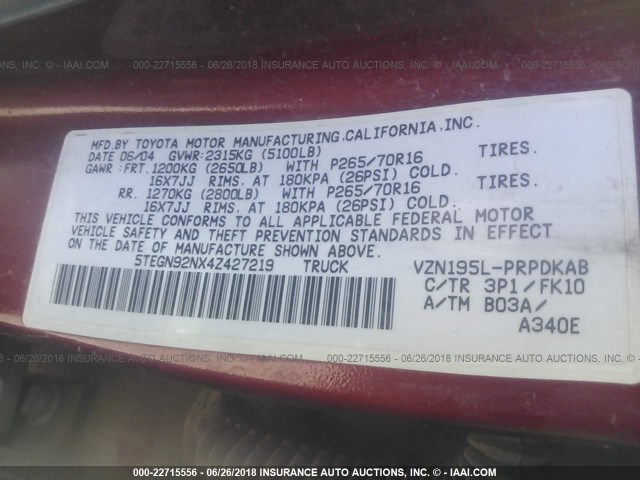5TEGN92NX4Z427219 - 2004 TOYOTA TACOMA DOUBLE CAB PRERUNNER RED photo 9