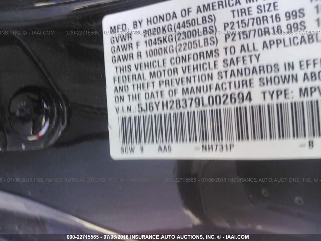 5J6YH28379L002694 - 2009 HONDA ELEMENT LX BLACK photo 9