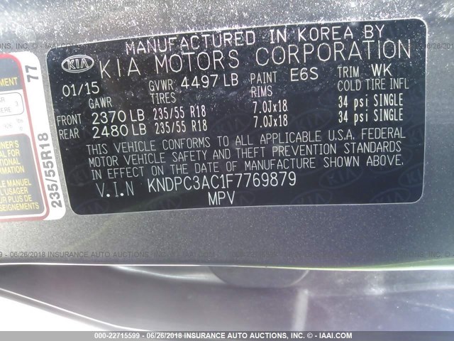 KNDPC3AC1F7769879 - 2015 KIA SPORTAGE EX GRAY photo 9