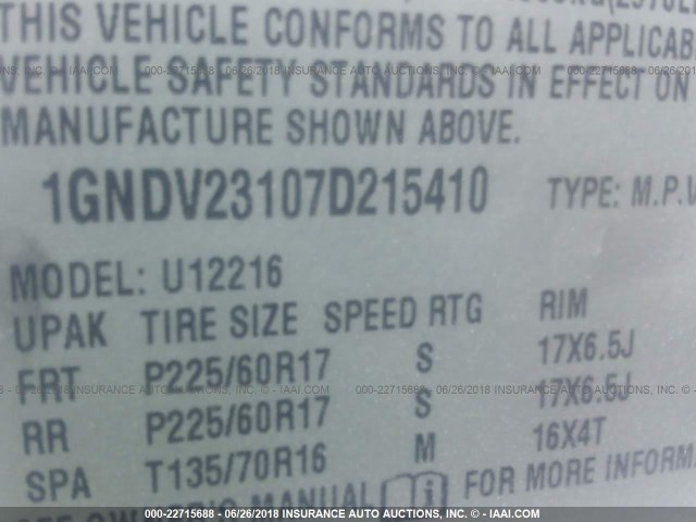 1GNDV23107D215410 - 2007 CHEVROLET UPLANDER LS თეთრი ფოტო 9