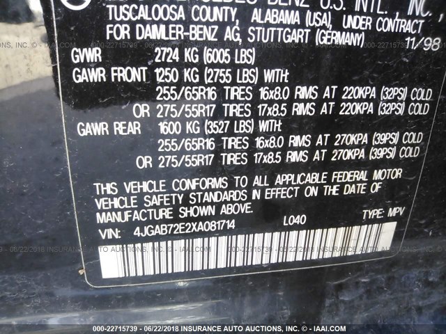 4JGAB72E2XA081714 - 1999 MERCEDES-BENZ ML 430 黑色 照片 9