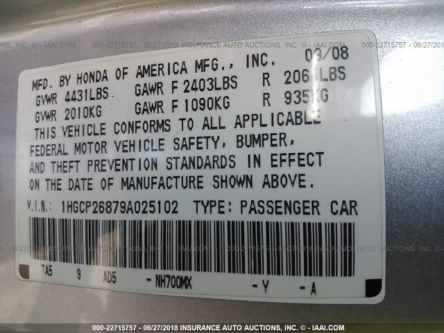 1HGCP26879A025102 - 2009 HONDA ACCORD EXL SILVER photo 9