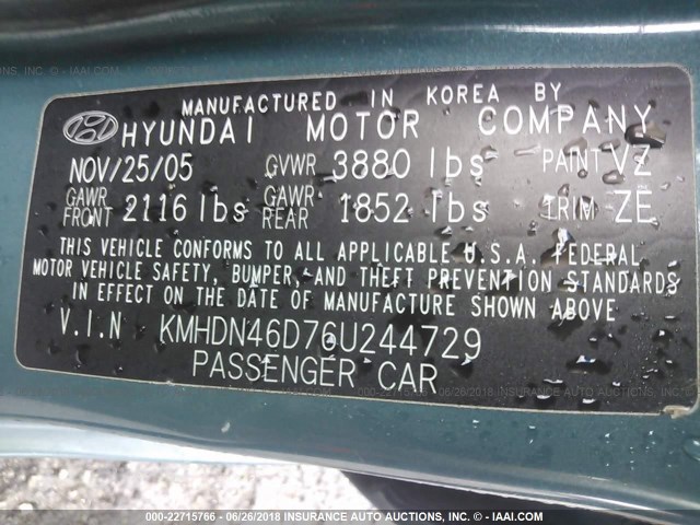 KMHDN46D76U244729 - 2006 HYUNDAI ELANTRA GLS/GT/LIMITED BLUE photo 9