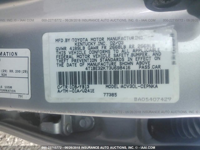 4T1BE32K73U698416 - 2003 TOYOTA CAMRY LE/XLE/SE SILVER photo 9