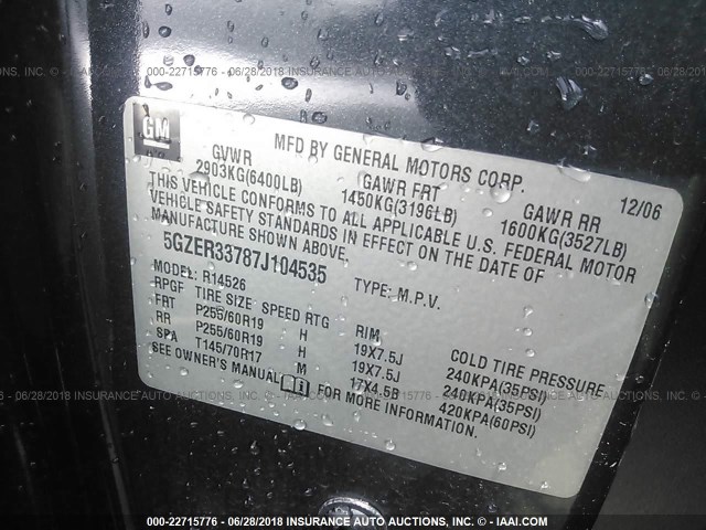 5GZER33787J104535 - 2007 SATURN OUTLOOK SPECIAL შავი ფოტო 9