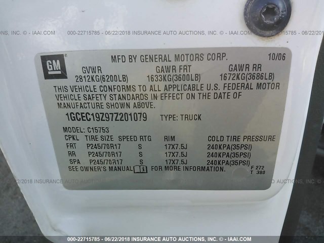 1GCEC19Z97Z201079 - 2007 CHEVROLET SILVERADO C1500 CLASSIC WHITE photo 9