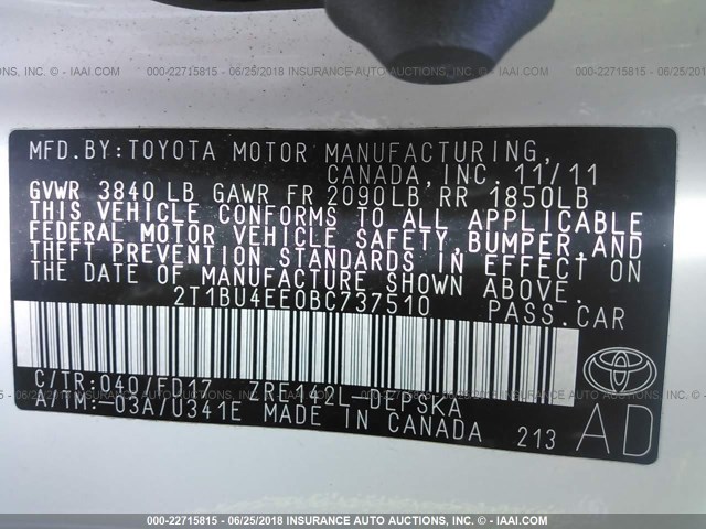 2T1BU4EE0BC737510 - 2011 TOYOTA COROLLA S/LE WHITE photo 9