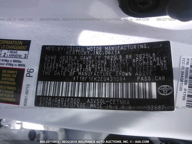 4T1BF1FK2EU431084 - 2014 TOYOTA CAMRY L/SE/LE/XLE 白色 照片 9