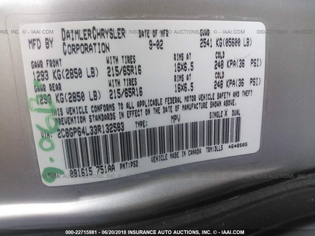 2C8GP64L33R132583 - 2003 CHRYSLER TOWN & COUNTRY LIMITED SILVER photo 9