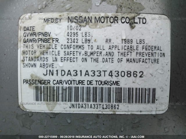 JN1DA31A33T430862 - 2003 NISSAN MAXIMA GLE/SE SILVER photo 9