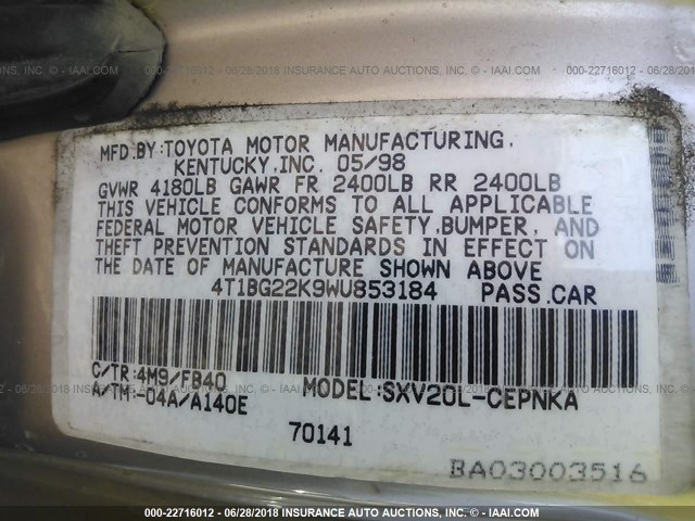 4T1BG22K9WU853184 - 1998 TOYOTA CAMRY CE/LE/XLE TAN photo 9