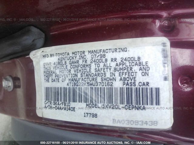 4T1BG22K5WU370162 - 1998 TOYOTA CAMRY CE/LE/XLE RED photo 9